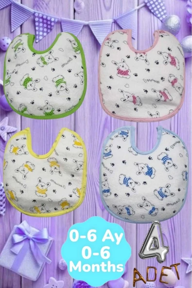 Bebek % 100 Cotton Arkası Muşambalı Su Geçirmez Renkli Mama Önlüğü 4'lü Set 0-6 Ay - 4