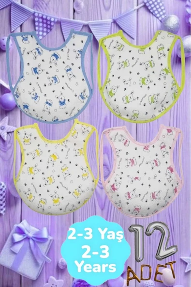 Bebek % 100 Cotton Arkası Muşambalı Su Geçirmez Renkli Mama Önlüğü 12'li Set 2-3 Yaş - 7