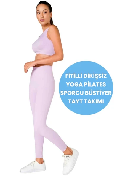 Kadın Fitilli Seamless/Dikişsiz Fitness Yoga Pilates Sporcu Büstiyer Tayt Takımı