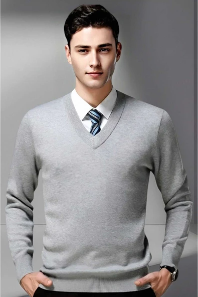 Erkek V Yaka Uzun Kol Triko Tüylenmez Süveter Erkek Slim Fit Süveter - 5