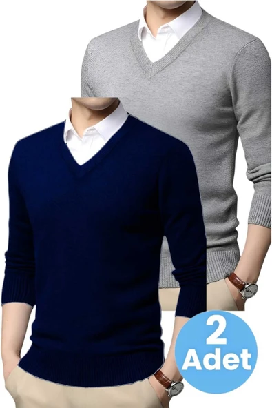 2'li  Erkek V Yaka Uzun Kol Triko Tüylenmez Süveter Erkek Slim Fit Süveter - 4
