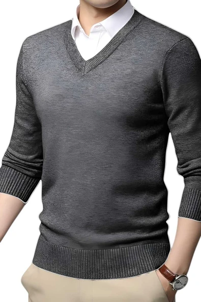 2'li  Erkek V Yaka Uzun Kol Triko Tüylenmez Süveter Erkek Slim Fit Süveter - 2