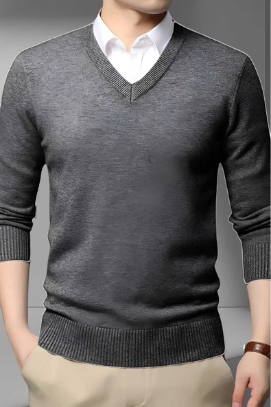 Erkek V Yaka Uzun Kol Triko Tüylenmez Süveter Erkek Slim Fit Süveter - 5