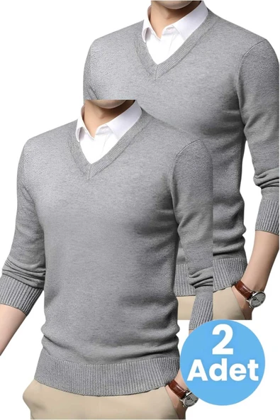 2'li  Erkek V Yaka Uzun Kol Triko Tüylenmez Süveter Erkek Slim Fit Süveter - 7