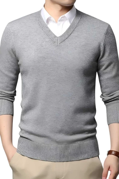 2'li  Erkek V Yaka Uzun Kol Triko Tüylenmez Süveter Erkek Slim Fit Süveter - 8