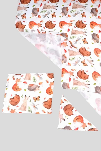 Bebek 2 Katlı Müslin Kumaş Pamuklu Kundak Örtüsü + Önlük + Ağız Mendili 3'lü Kundak Set - 2
