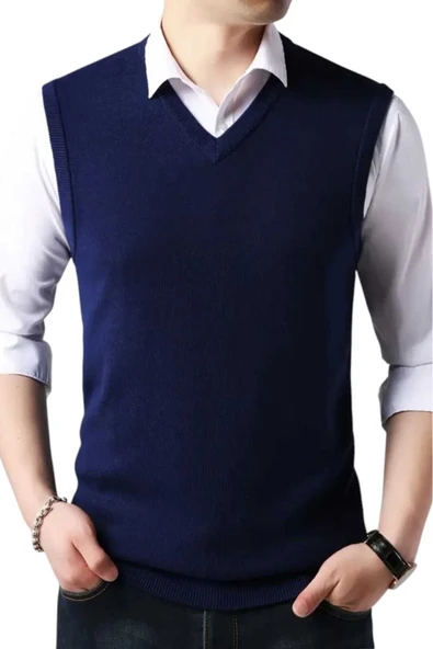 2'li  Erkek V Yaka Triko Tüylenmez Süveter Erkek Slim Fit Süveter - 3