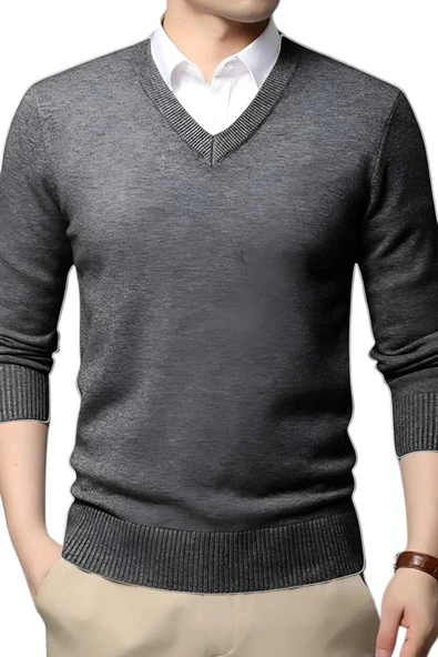 3'lü   Erkek V Yaka Uzun Kol Triko Tüylenmez Süveter Erkek Slim Fit Süveter - 8