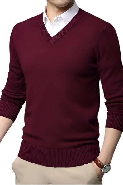 3'lü   Erkek V Yaka Uzun Kol Triko Tüylenmez Süveter Erkek Slim Fit Süveter - 7