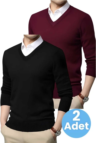2'li  Erkek V Yaka Uzun Kol Triko Tüylenmez Süveter Erkek Slim Fit Süveter - 4