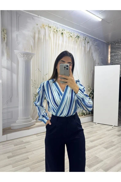 Mavi Çizgili Bodysuit Bluz - 3