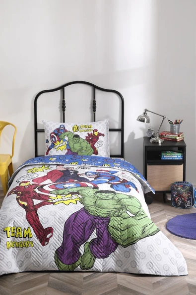 Avengers Team Tek Kişilik Disney Lisanslı Lastikli Fitted Çarşaf Kapitone Çocuk Nevresim Tak