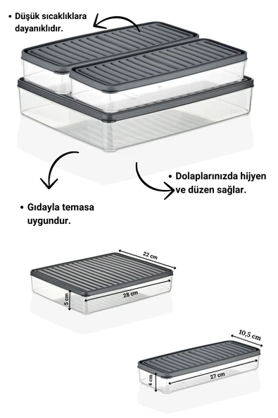 Buzdolabı Ve Mikrodalga Saklama Kabı/organizeri Gri 3 Adet (1X 2800ML- 2X 1000ML) - 2