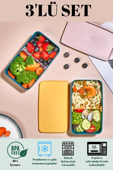 3’Lü Bölmeli Saklama Kabı seti- Beslenme Yemek Kutusu Lunch Box