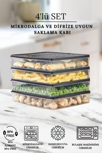 Buzdolabı Ve Mikrodalga Saklama Kabı - Gri Buzdolabı Organizeri 4x2800ml