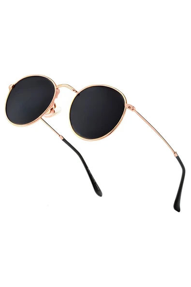 Round Metal Rose Gold-Siyah Yuvarlak Kadın Güneş Gözlüğü - Resim 2