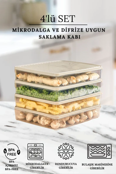 Buzdolabı Ve Mikrodalga Saklama Kabı - Bej Buzdolabı Organizeri 4x2800ml