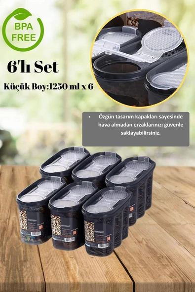 6'li Sızdırmaz Kapaklı Orta Boy Erzak Saklama Kabı Seti 6 X ( 1250 Ml)