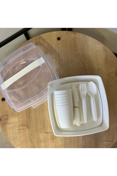 HOME Beyaz 31 Parça Piknik Seti (6 Bardak, 6 Çatal, 6 Bıçak, 6 Tabak, 6 Kaşık, 1 Taşıma Çantası) - 3