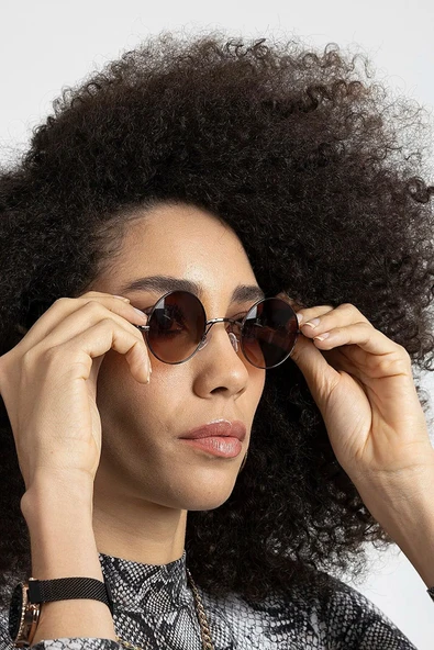 Bridge Yuvarlak Kahverengi Metal Çerçeve Kadın Güneş Gözlüğü - Resim 2