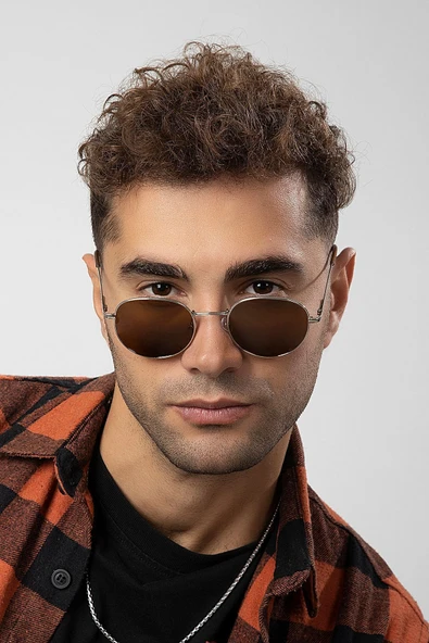 Polarize Round Metal Gümüş-Kahverengi Yuvarlak Erkek Güneş Gözlüğü - Resim 2