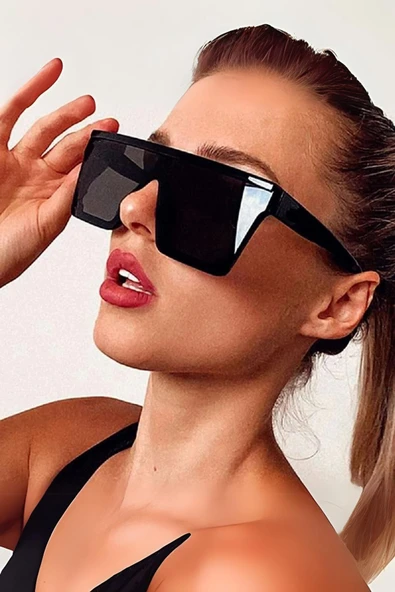Siyah Oversize Büyük Kare Kadın Güneş Gözlüğü - 2