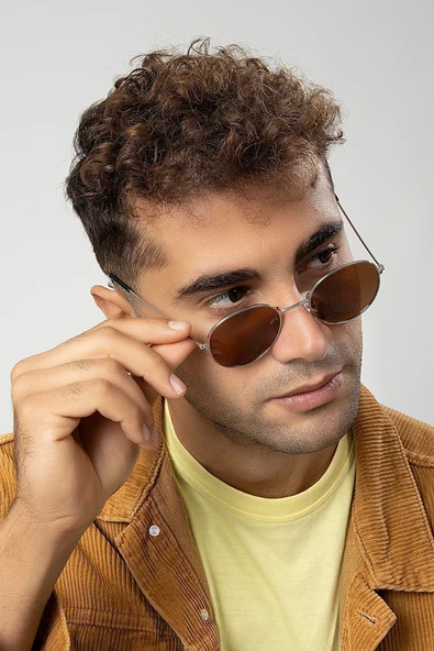 Polarize Round Metal Gümüş-Kahverengi Yuvarlak Erkek Güneş Gözlüğü - Resim 3