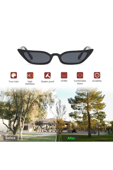 Vintage Küçük Kedi Cat Eye Siyah Güneş Gözlüğü - Resim 2