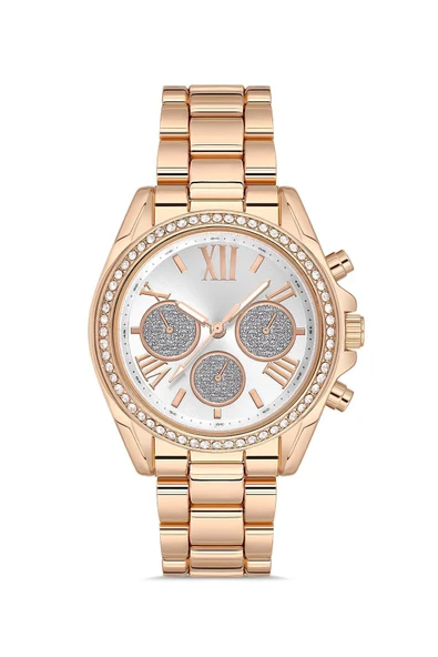 Taşlı Dekoratif Kadran Metal Kordon Rose Gold Kadın Kol Saati - 2