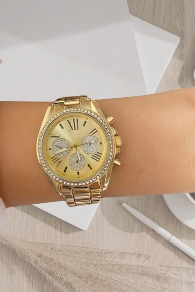 Taşlı Tasarım Dekoratif Kadran Şık Gold Kadın Kol Saati - 3