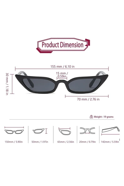 Vintage Küçük Kedi Cat Eye Siyah Güneş Gözlüğü - Resim 3