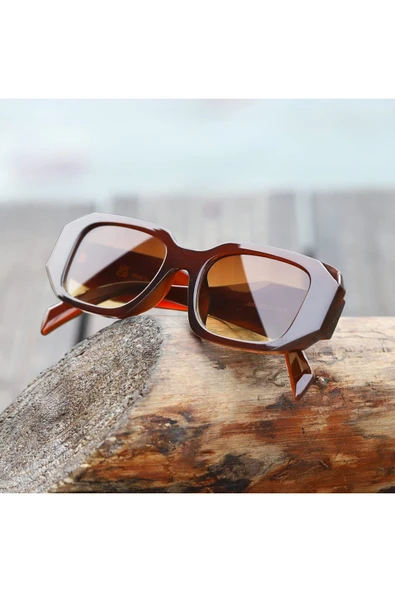 Kahverengi Retro Dikdörtgen Model Elmas Kesim Sap Güneş Gözlüğü - 2