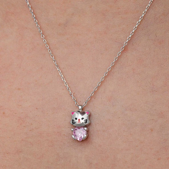 Gümüş Pembe Taşlı Sevimli Kedi Kadın Kolye T9052 - Resim 5