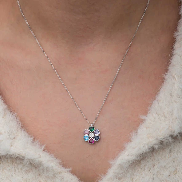 Gümüş Renkli Kalpli Çiçek Kadın Kolye  SL9983 - Resim 5