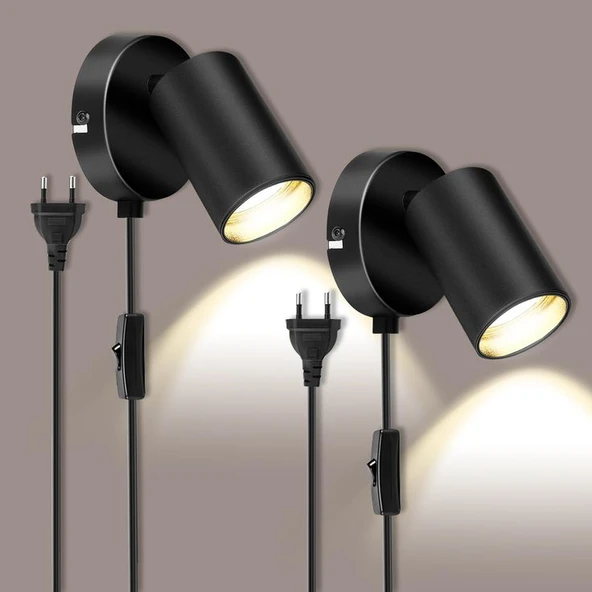 Rsylight Metal Mafsallı Siyah Spot Armatür Aplik Kablolu Fişli Beyaz Led Ampullü