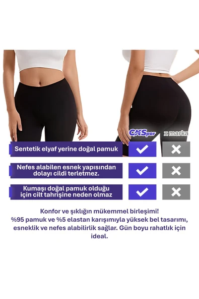 CKSPOR Kadın Siyah Pamuklu Likralı Kısa Tayt Yüksek Bel Günlük Spor Taytı Cks-219 - 2