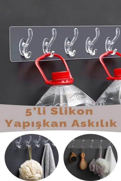 POOLİPO Çok Amaçlı Yapışkanlı 5li Şeffaf Slikon Duvar Kapı Arkası Askılık