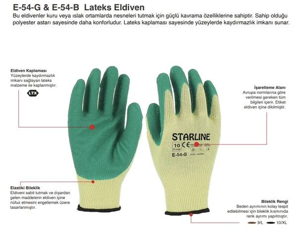 12 Çift Camcı Eldiveni Lateks Starline E-54 G Yeşil Beden 10 - 3
