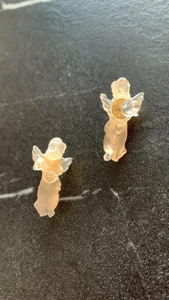 Sedefli Turuncu Renk Melek Şekil Gold Aksesuarlı 2.5cm Epoksi Küpe El Yapımı Hediyelik - Resim 8