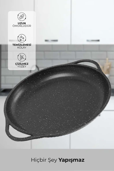 Granit Döküm Kavurma Saç Tavası Balık Tavası, Kavurma Ve Bazlama Tavası Siyah 36 cm, Spatula Hediye - 3