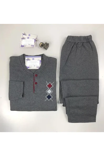 GoodNight Erkek İnterlok Kumaş Yaka İki Düğme Kışlık Kalın Antrasit Pijama Takımı - 2