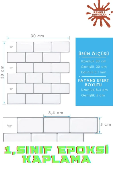 Renkli Duvarlar 30×30cm White Stone Epoksi 1 Adet 3D Yapışkanlı Kaplama Duvar Sticker Panel Mutfak Banyo Salon Ofis - Resim 2