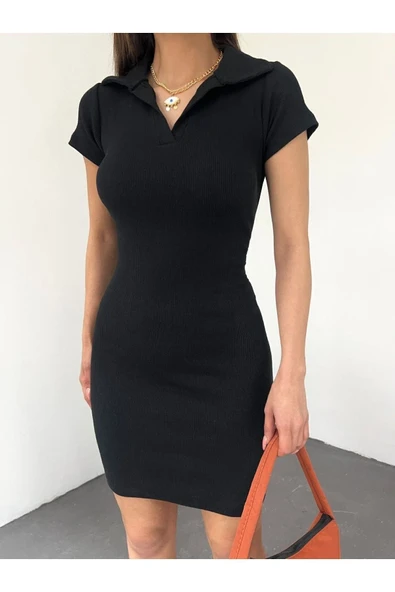 WOLEE Kadın Fitted/vücuda Oturan Polo Yaka Kısa Kollu Elbise,balo,mezuniyet,kına,düğün,davet Siyah