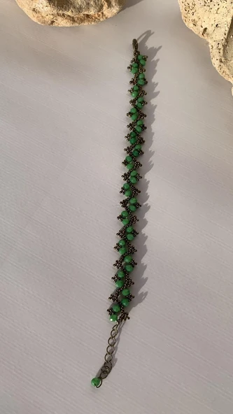 Yeşil Ve Antik Sarı Renkli Boncuk Zikzak Desenli Miyoki Bileklik El Yapımı Hediyelik - 8