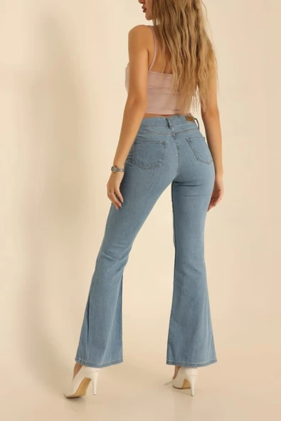 Yeni Moda Mavi Lazerli İspanyol Paça Kot Pantolon - 4