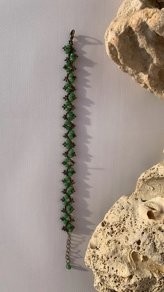 Yeşil Ve Antik Sarı Renkli Boncuk Zikzak Desenli Miyoki Bileklik El Yapımı Hediyelik - 5