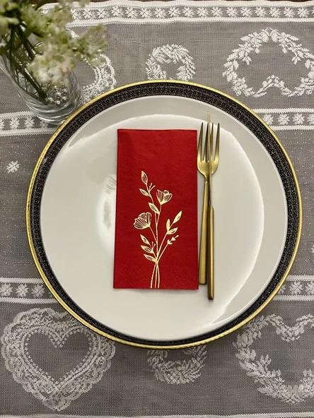 Gold Yaldızlı Kırmızı Gelincik Çiçeği Baskılı Garson Katlama Peçete 16 lı