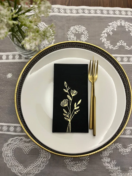 Gold Yaldızlı Siyah Gelincik Çiçeği Baskılı Garson Katlama Peçete 16 lı ürün görseli 1