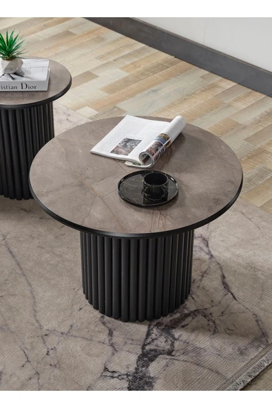 Kagu Boston Mdf Metal Orta Sehpa Gri Yuvarlak Ahşap Siyah Metal - 2