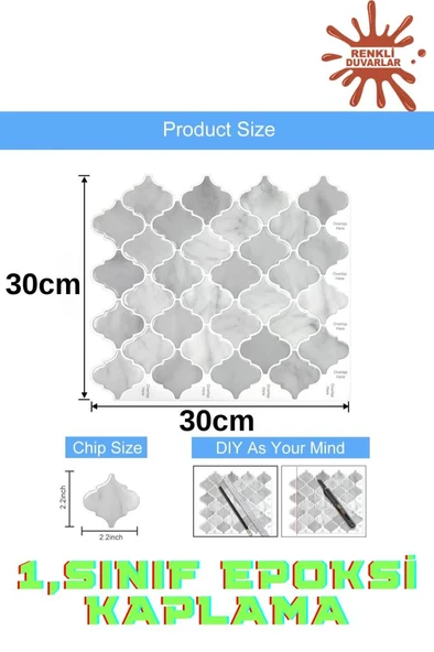 Renkli Duvarlar 30×30cm Arabesk Çini Epoksi 1 Adet 3D Yapışkanlı Duvar Kaplama Paneli Mutfak Banyo Salon Ofis Döşeme - Resim 2